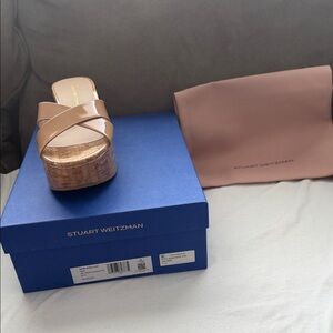 Stuart Weitzman Beige Patent Leather Wedge Sandals